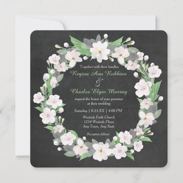 Chalkboard White Floral Wreath Wedding Invitation (Front)