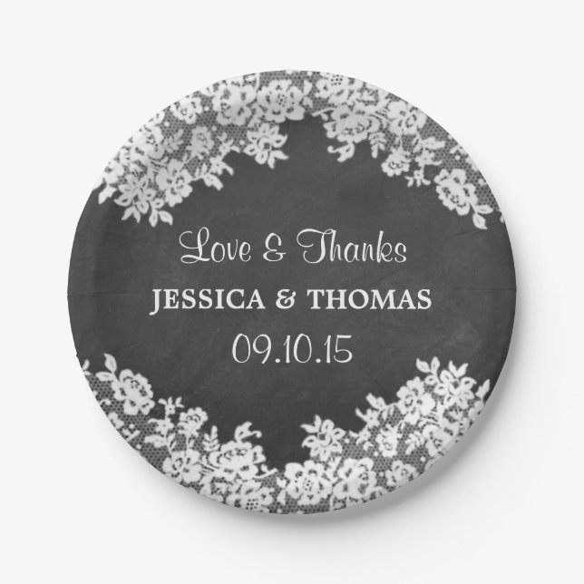 Chalkboard & White Lace Wedding Paper Plates (Front)
