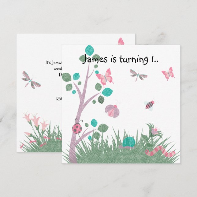 CHALKBOARD WHITE WOODLAND BUG BUTTERFLIES BIRTHDAY INVITATION (Front/Back)