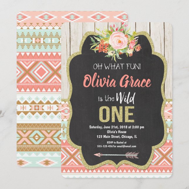 Chalkboard wild one 1st birthday invitation girl (Front/Back)