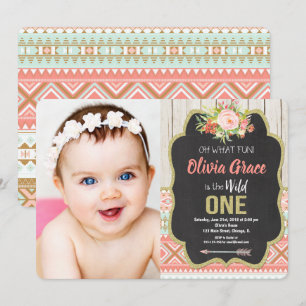 Chalkboard wild one girl 1st birthday photo invitation