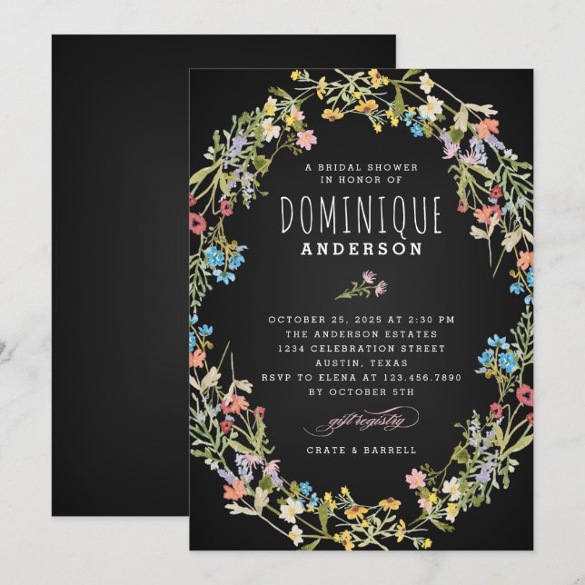 Chalkboard wildflowers frame bridal shower invitation (Front/Back)