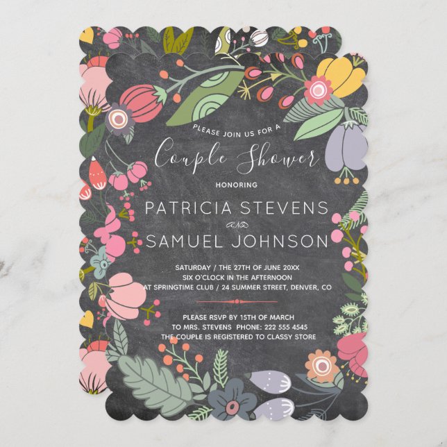Chalkboard wildflowers meadow wreath couple shower invitation (Front/Back)