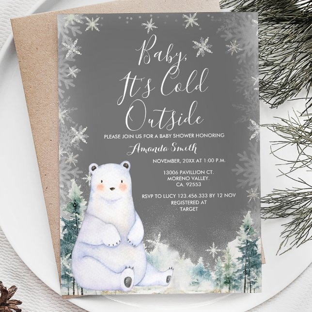 Chalkboard Winter Bear Baby Shower White Snowflake Invitation (Creator Uploaded)