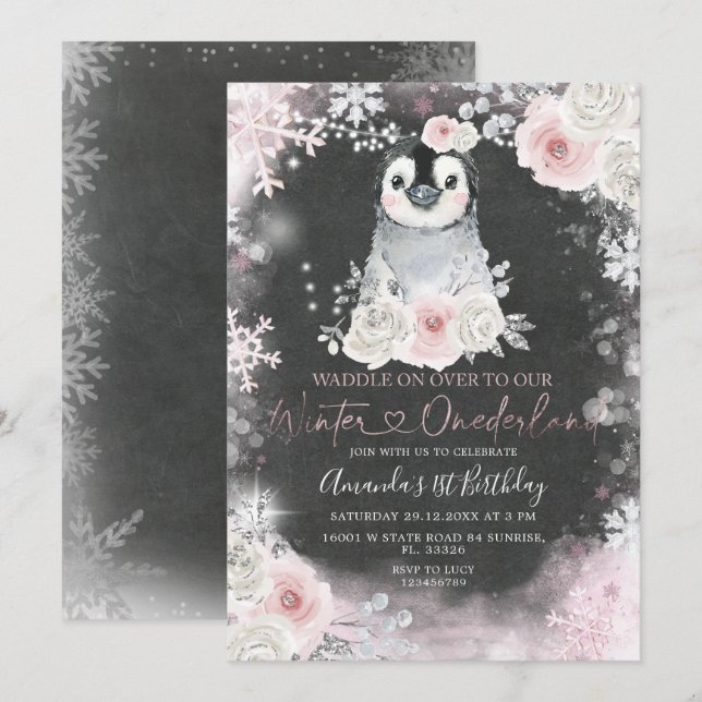 Chalkboard Winter Penguin Pink Flowers Birthday  Invitation (Front/Back)