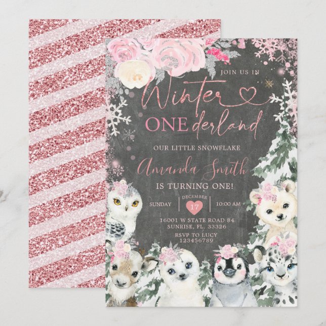 Chalkboard Winter Pink Animal Onederland Birthday Invitation (Front/Back)