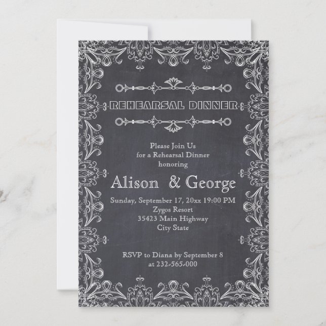 Chalkboard with frame wedding rehearsal dinner invitation (Front)