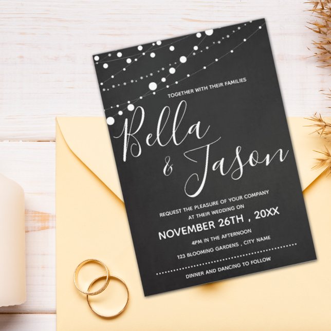 Chalkboard With String Lights Black White Wedding Invitation (Creator Uploaded)