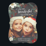 Chalkboard Wonderful Christmas Floral Photo Card<br><div class="desc">Contemporary christmas photo card featuring a bracket die-cut shape with pretty white & red flowers,  pine branches & berries set on a modern chalkboard background.</div>