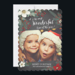 Chalkboard Wonderful Christmas Floral Photo Card<br><div class="desc">Contemporary christmas photo card featuring a bracket die-cut shape with pretty white & red flowers,  pine branches & berries set on a modern chalkboard background.</div>