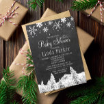 Chalkboard wonderland rustic winter baby shower invitation<br><div class="desc">Rustic country style baby shower winter chic elegant invitation template with borders of white snowflakes, falling snow and pine trees wonderland landscape on dark grey charcoal chalkboard background. Fill in your information in the spots, You can choose to customise it further changing fonts and colours of lettering. ---- The invitation...</div>