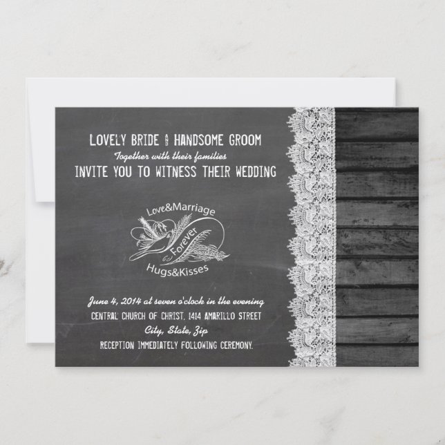 Chalkboard Wood Typography Dove Wedding Invitation (Front)