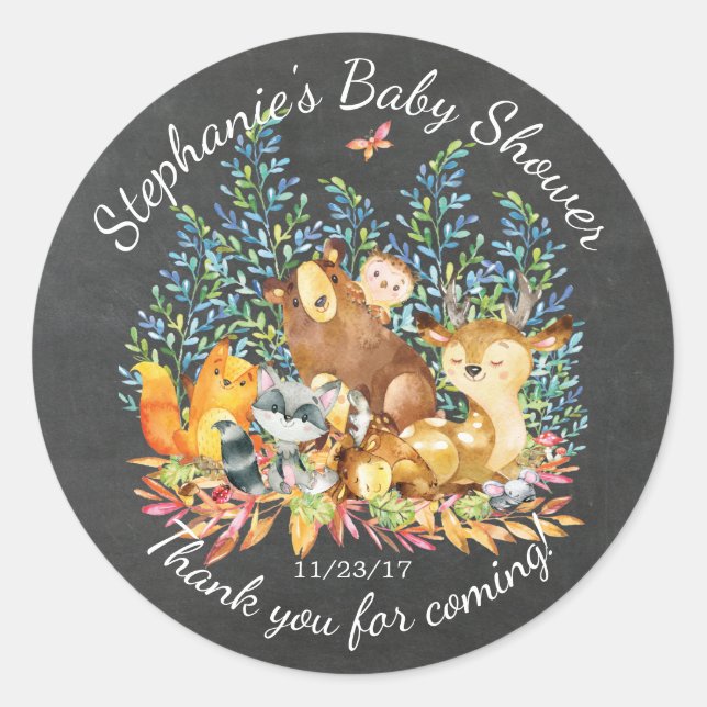Chalkboard Woodland Baby Shower Favour Sticker (Front)