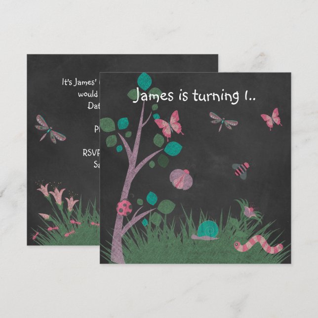 CHALKBOARD WOODLAND BUG BUTTERFLIES BIRTHDAY INVITATION (Front/Back)