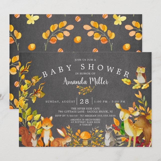 Chalkboard Woodland Forest Animals Baby Shower Invitation (Front/Back)
