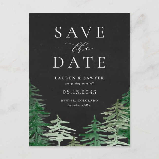 Chalkboard Woodland Forest Save the Date Postcard (Front)