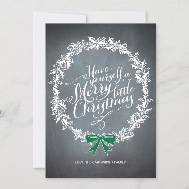 Chalkboard Wreath Green Ribbon Holiday Card (Front)