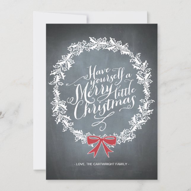 Chalkboard Wreath Red Ribbon Holiday Card (Front)