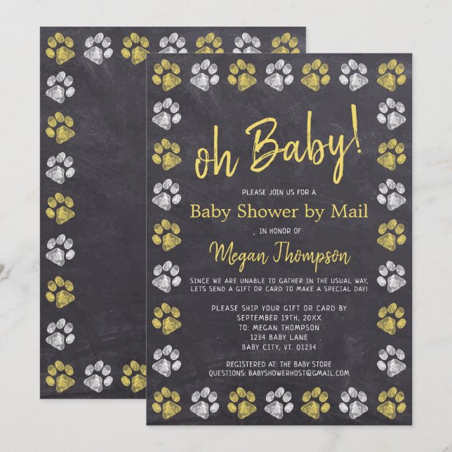 Chalkboard Yellow Grey Baby Shower By Mail Invitation (Front/Back)