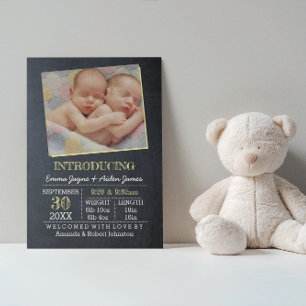 Chalkboard Yellow Twins Photo Birth Announcement