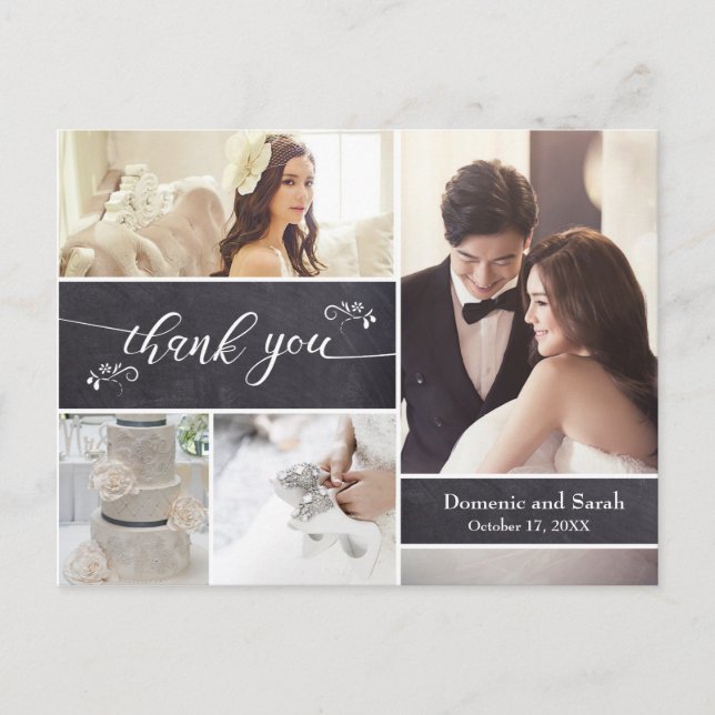 Chalked 4 Photo Collage Rustic Wedding Thank You Announcement Postcard (Front)