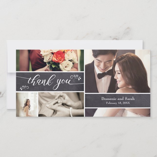 Chalked, Photo Collage Rustic Wedding Thank You Card (Front)