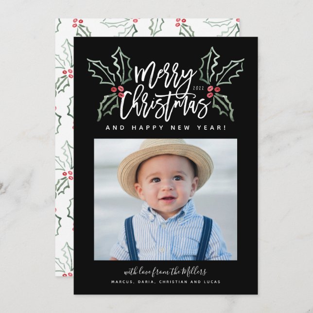 Chalky Brush Script Christmas Hollies Photo Holiday Card (Front/Back)