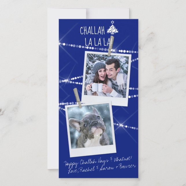 Challah Days Hanukkah 2-Photo Holiday Card | Blue (Front)
