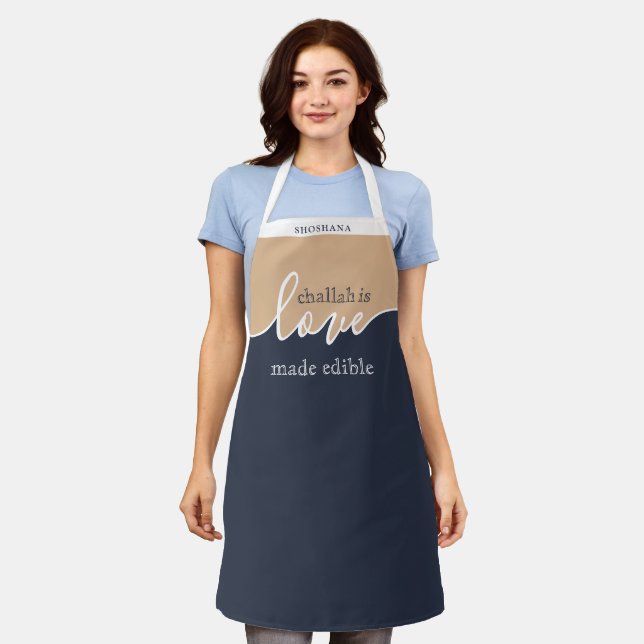 Challah is Love made Edible NAVY TAN Script Classy Apron (Worn)