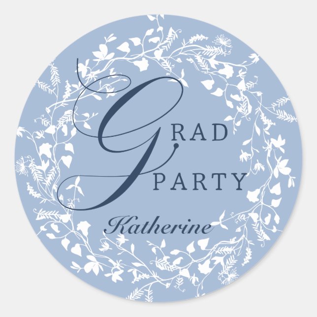Chambray Blue White Wildflower Wreath Graduation Classic Round Sticker (Front)