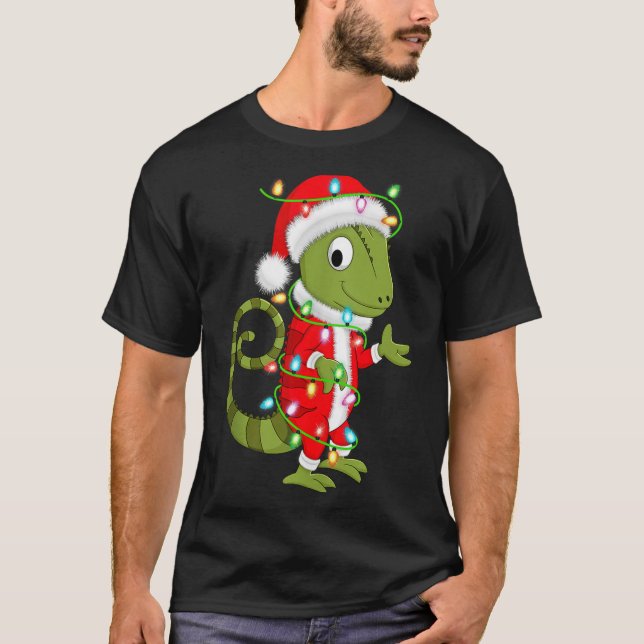 Chameleon Christmas Lights Santa Costume Cute Anim T-Shirt (Front)