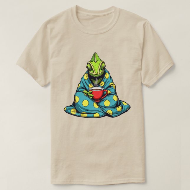 Chameleon in Blanket Drinking Coffee T-Shirt - Coz (Design Front)