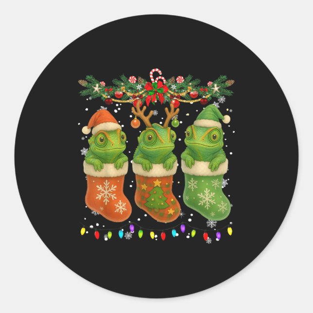Chameleon In Christmas Socks Lights Chameleon Xmas Classic Round Sticker (Front)