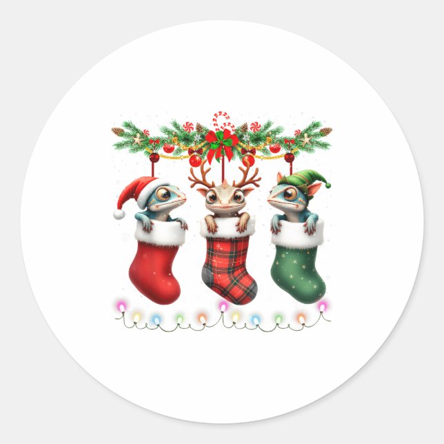 Chameleon In Christmas Socks Lights Chameleon Xmas Classic Round Sticker (Front)