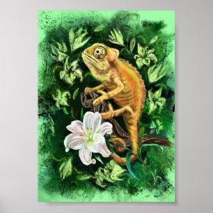 Chameleon In Leaves Green Poster - Painting