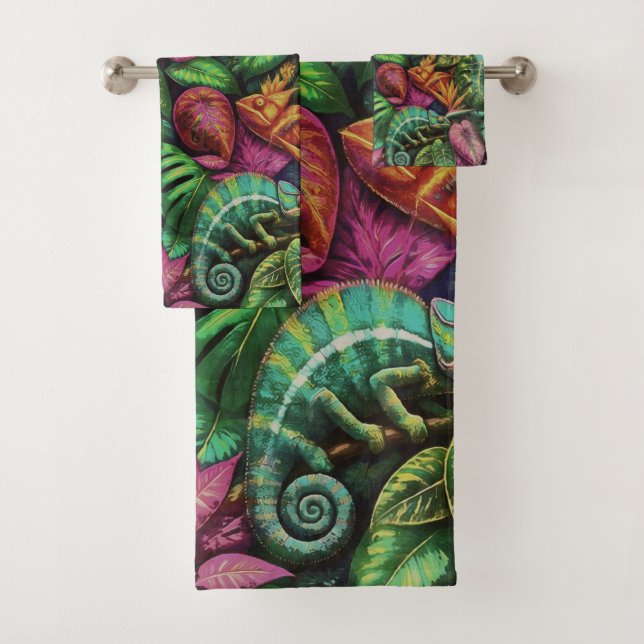 Chameleon Jungle Dreams Seamless Surface Pattern Bath Towel Set (Insitu)