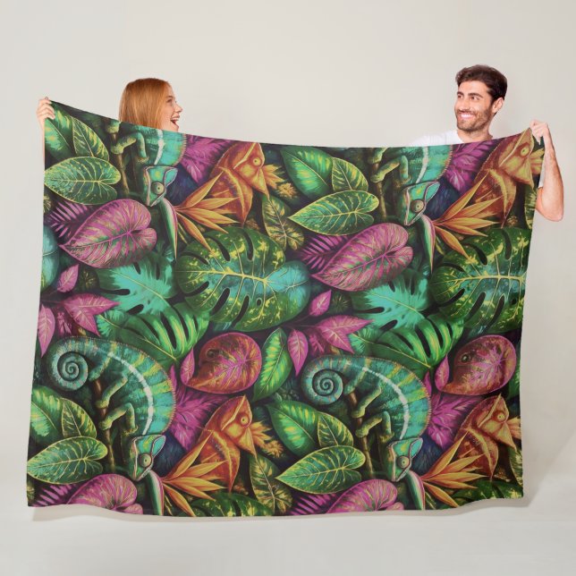 Chameleon Jungle Dreams Seamless Surface Pattern Fleece Blanket (In Situ)