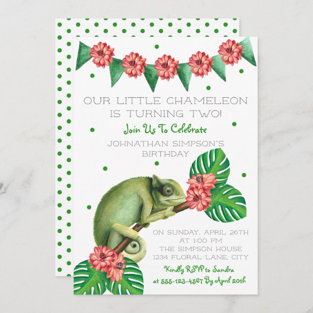 Chameleon Lizard Second Birthday Invitation (Front/Back)