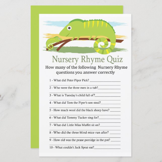 Chameleon Nursery Rhyme Quiz baby shower game (Front/Back)