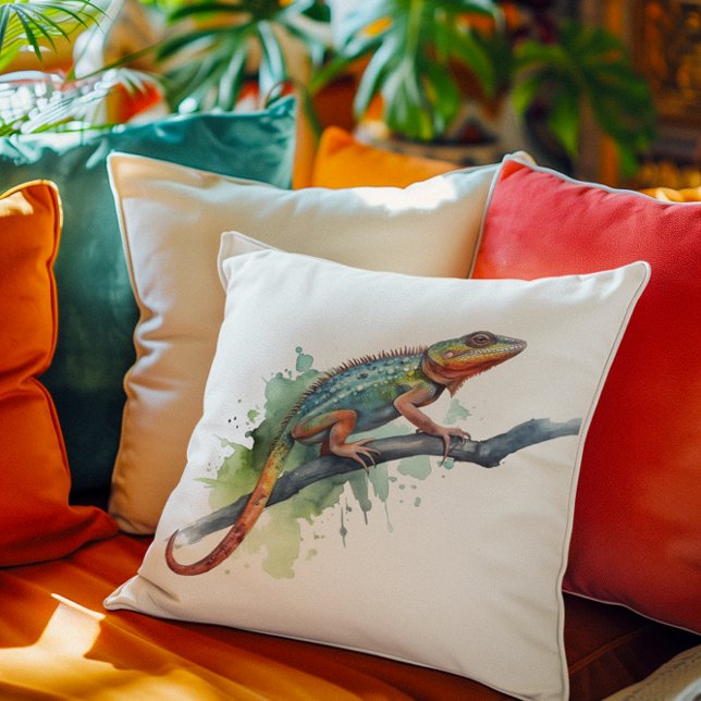 chameleon on a branch  watercolor vibrant colours cushion (Creator Uploaded)