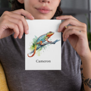 chameleon on a branch watercolor vibrant colours postcard