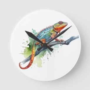chameleon on a branch  watercolor vibrant colours round clock