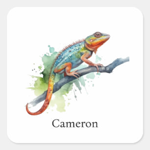 chameleon on a branch  watercolor vibrant colours square sticker