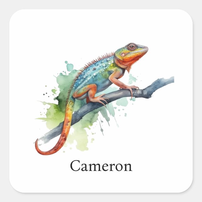 chameleon on a branch  watercolor vibrant colours square sticker (Front)