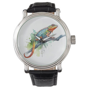 chameleon on a branch  watercolor vibrant colours watch