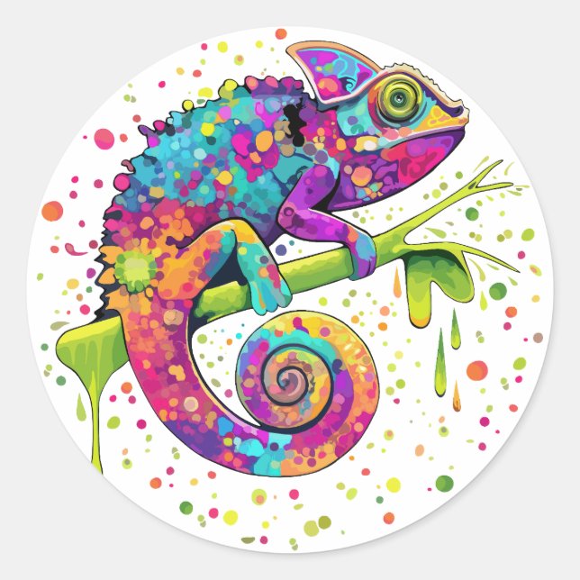 Chameleon Paint Stains Watercolor Style Classic Round Sticker (Front)