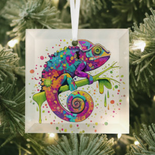 Chameleon Paint Stains Watercolor Style Glass Tree Decoration