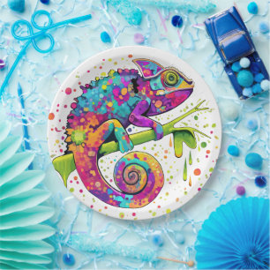 Chameleon Paint Stains Watercolor Style Paper Plate