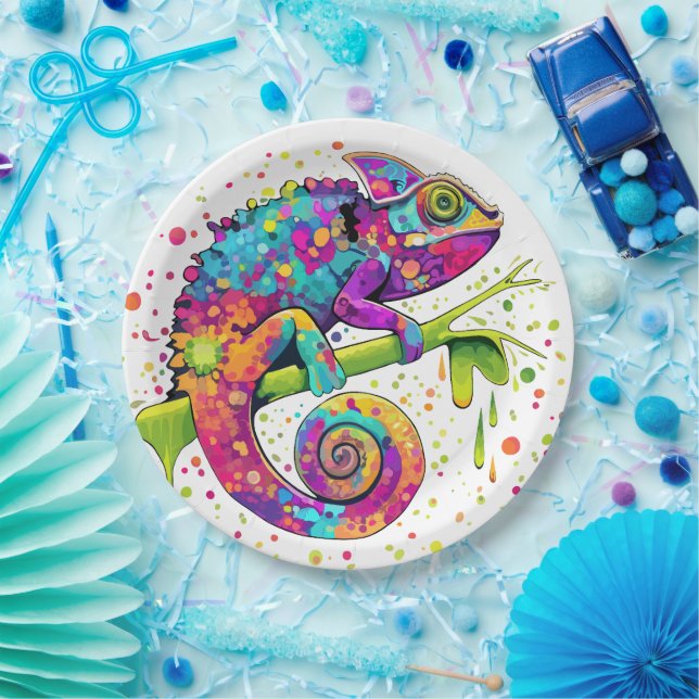 Chameleon Paint Stains Watercolor Style Paper Plate (Party)