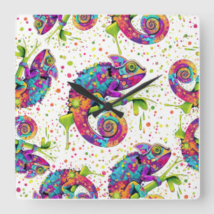 Chameleon Paint Stains Watercolor Style Square Wall Clock